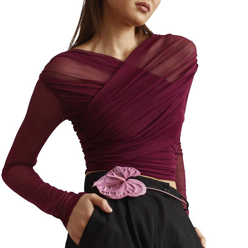Women's Pleated Long-sleeved T-shirt Top