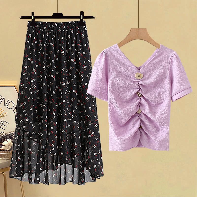 Chic Chiffon T-shirt And High-waisted Skirt Two-piece Set