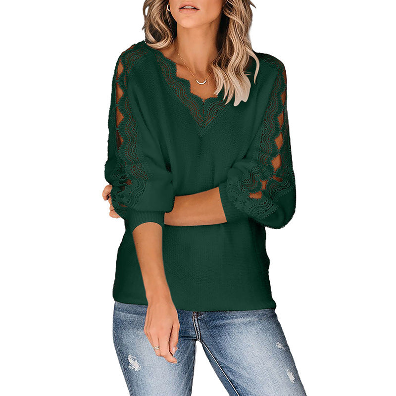 Autumn And Winter New Style Solid Color Lace V-leader Hollow Knit Top Women