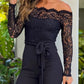 Black Eyelash Lace Off-shoulder Long Sleeve Tight Jumpsuit