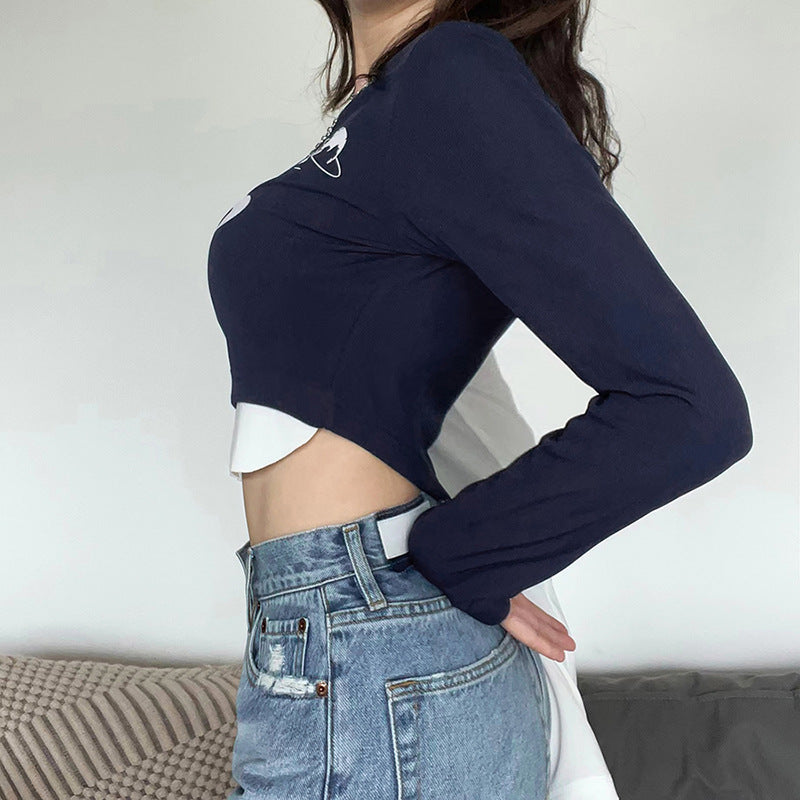 Women's Street Fashion Print Long Sleeve Plunging T-shirt