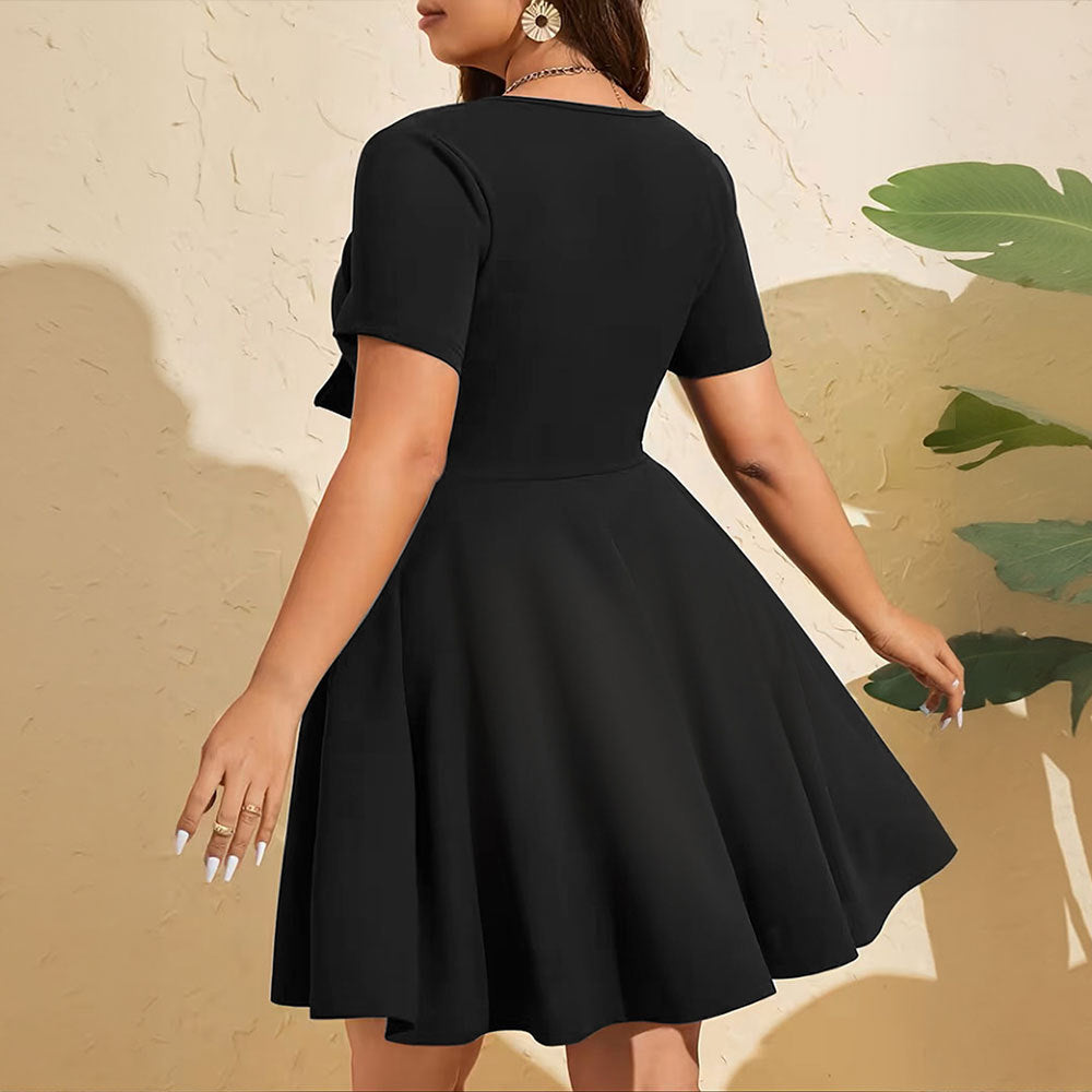 Pleated Tie-Up V-Neck Short-Sleeve A-Line Mini Dress