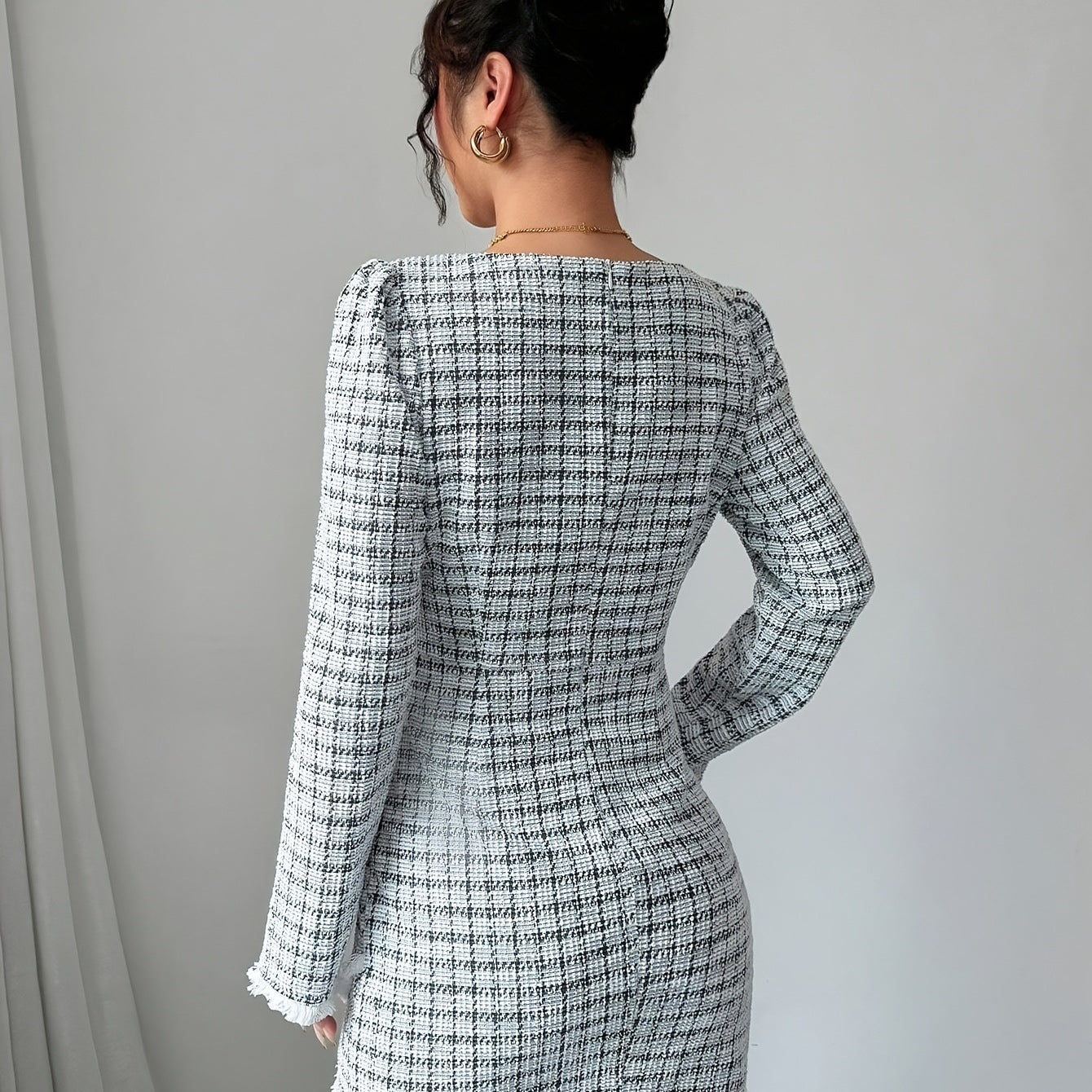 Elegant Plaid-Striped Tailored Long-Sleeve Dress
