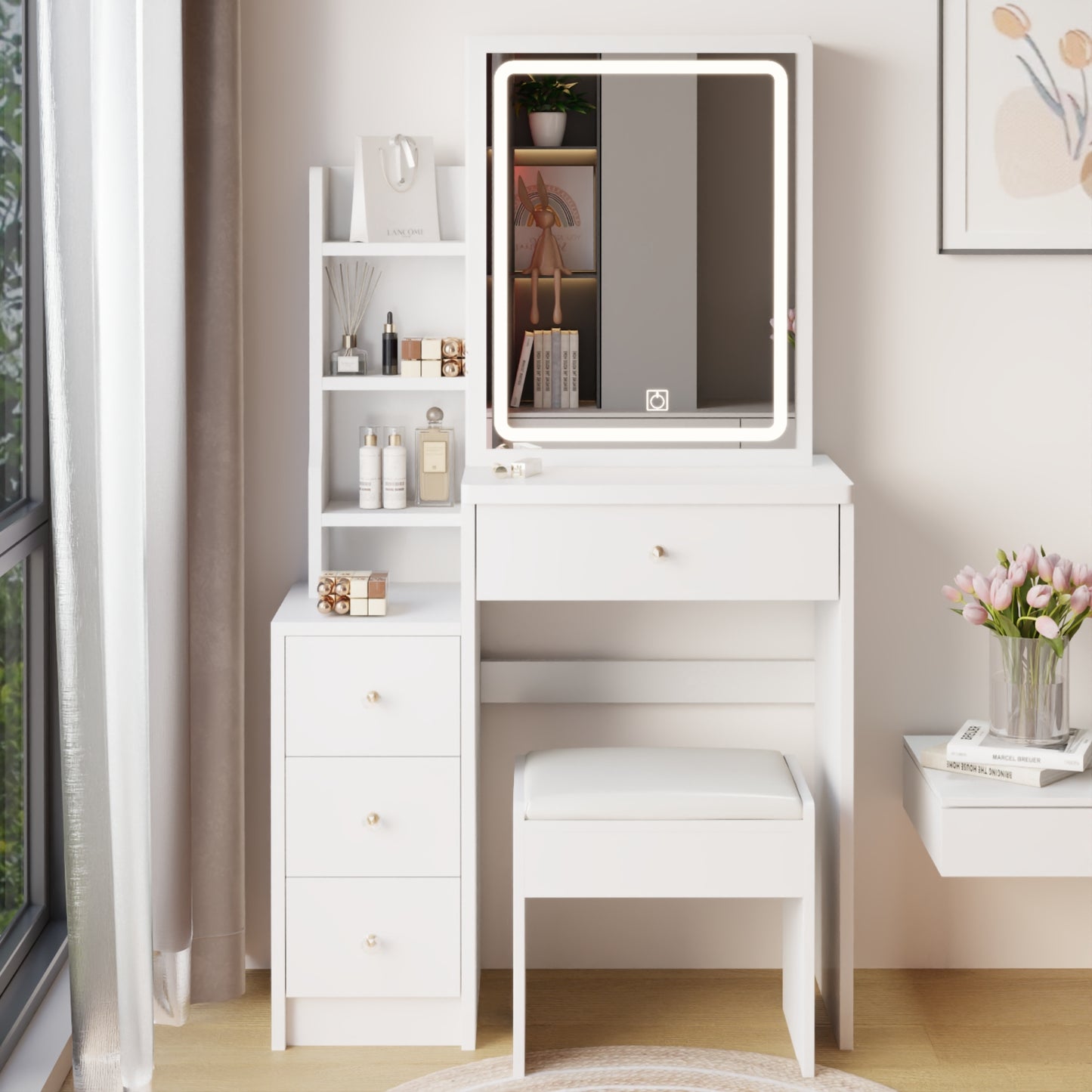 Small Size Left Bedside Cabinet Vanity Table   Cushioned Stool, Extra Large Touch Control Sliding LE