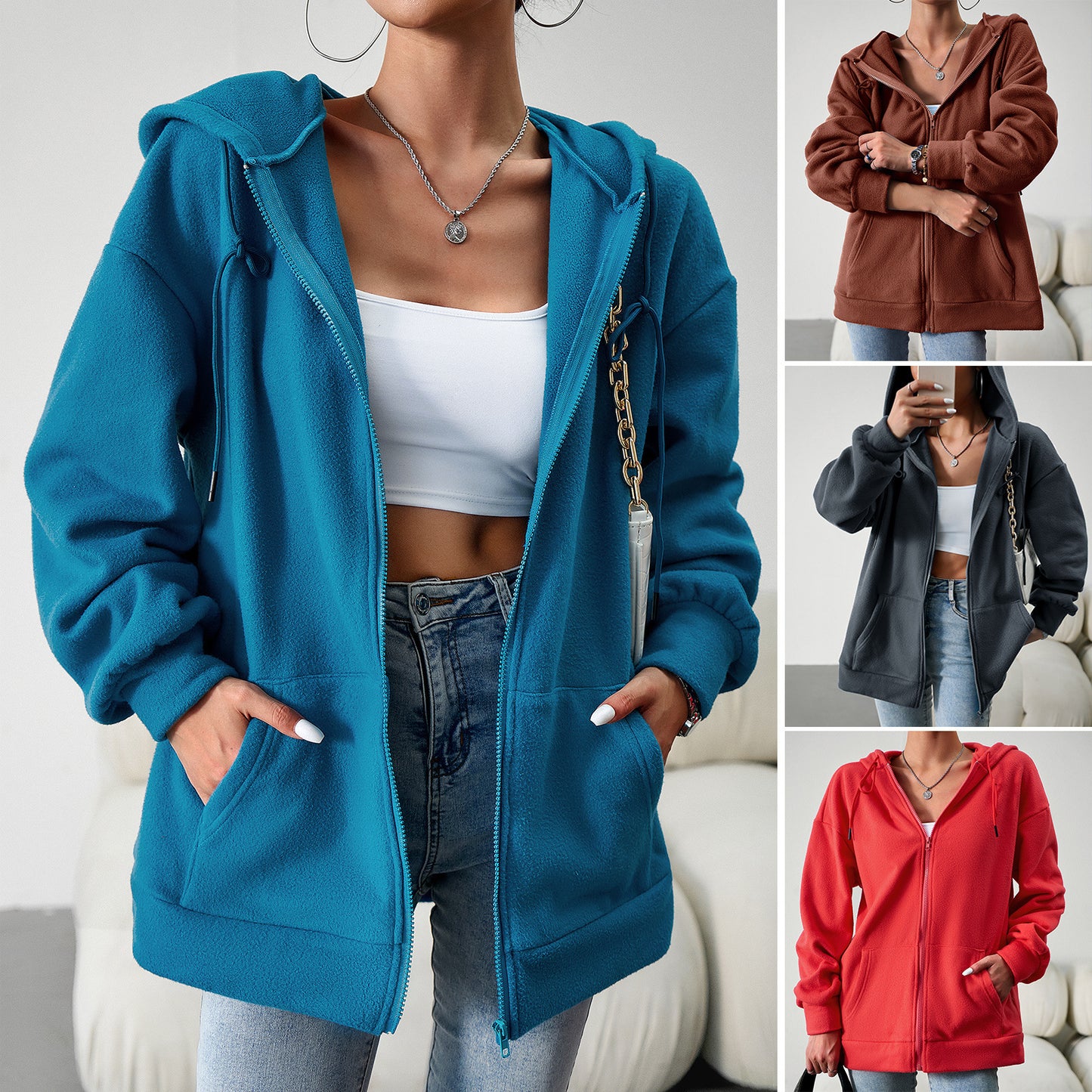 Veste cardigan à capuche décontractée avec poches, manteau de sport ample pour femme, vêtements d'extérieur solides, hiver et automne