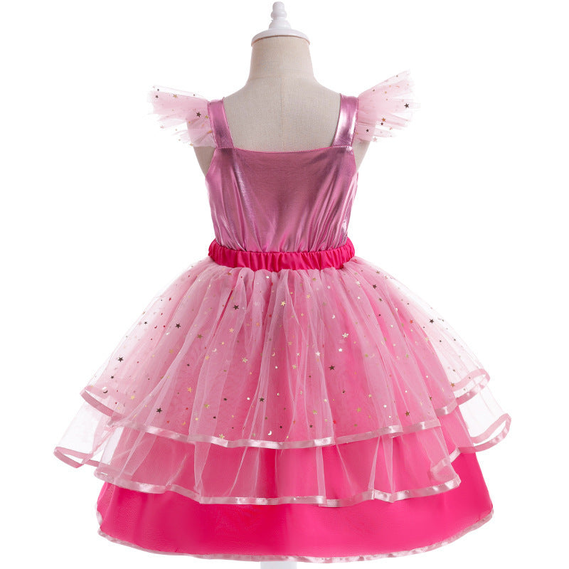 Girl's Simple Cartoon Printed Mesh Dress