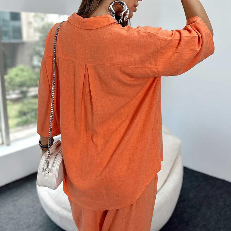 Split Sleeve Shirt Elastic Waist Pants Two Piece Set