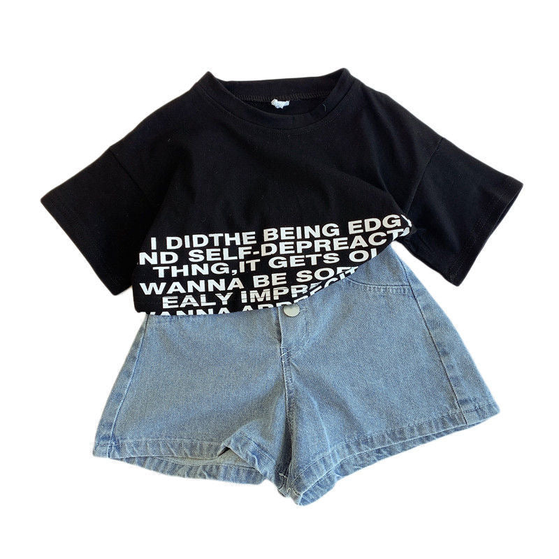 Little Girl Korean Fashion Medium And Large Children's Denim Shorts Two-piece Set
