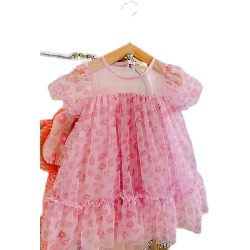 Robe de fée à manches courtes en maille fleurie de style occidental