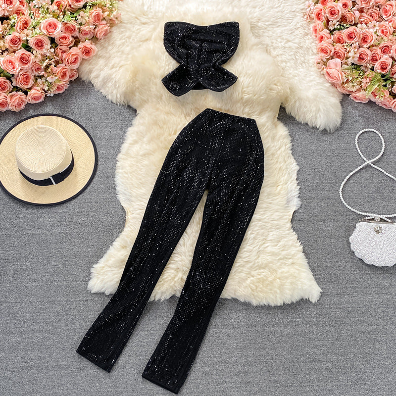 Waist Trimming Ruffles Short Rhinestone Tube Top Two-piece Suit