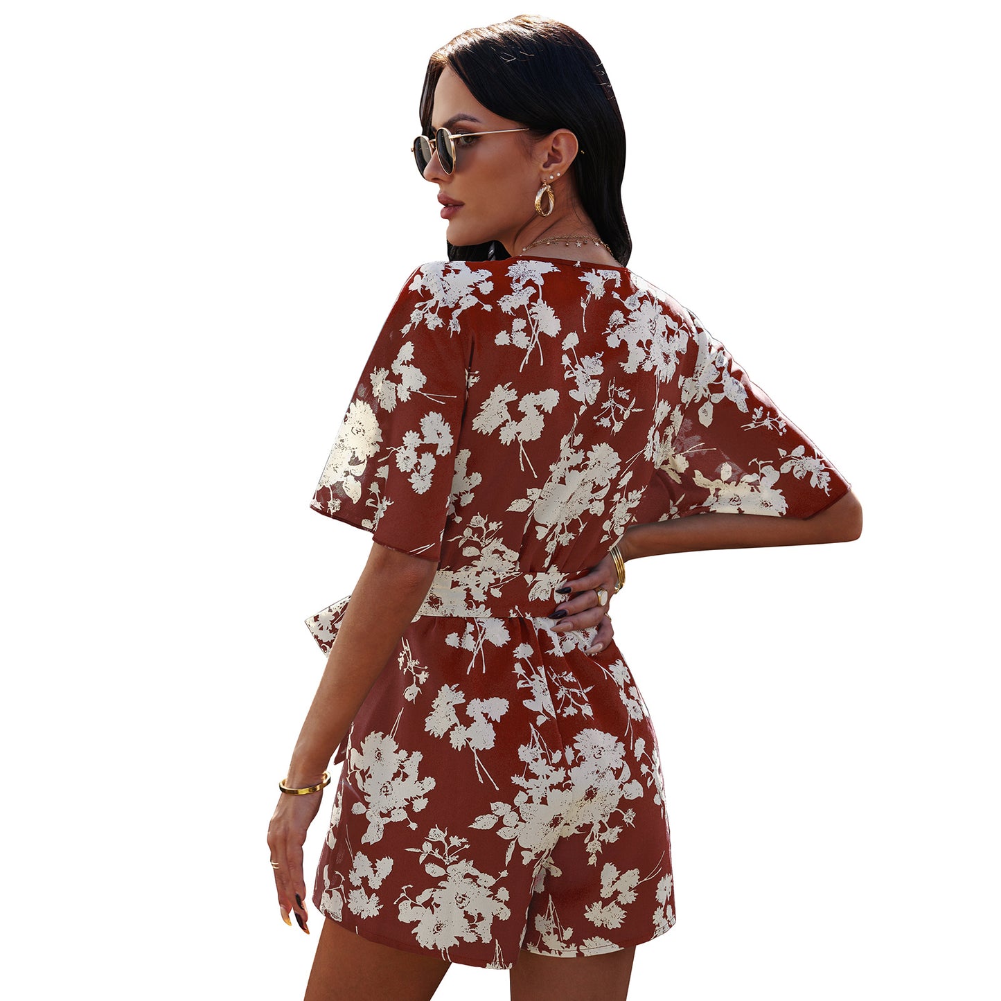 European And American V Neck Short Sleeved Chiffon Jumpsuit Shorts Women