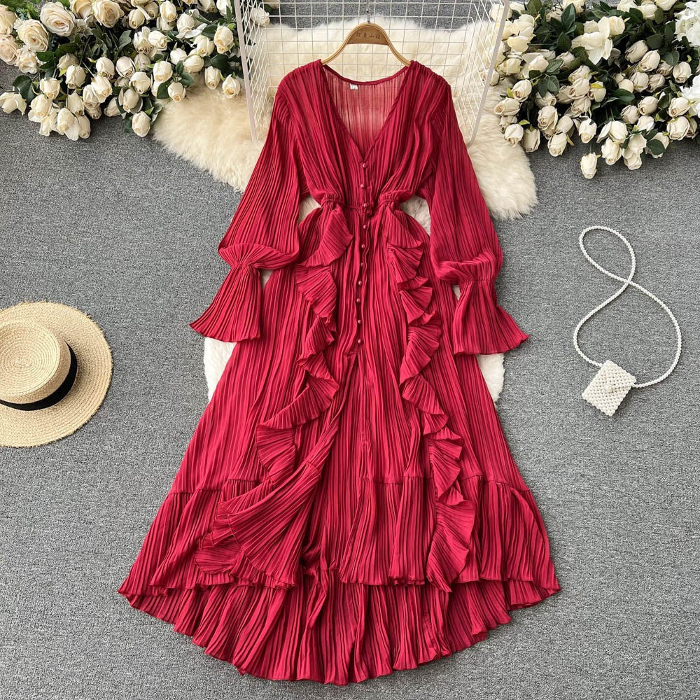 Fashion Solid Color And V-neck Ruffled Flared Sleeve Dress