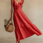 Elegant And Chic Cotton-Linen Dress With Ruffled Flutter Sleeves And A Flowing Hem