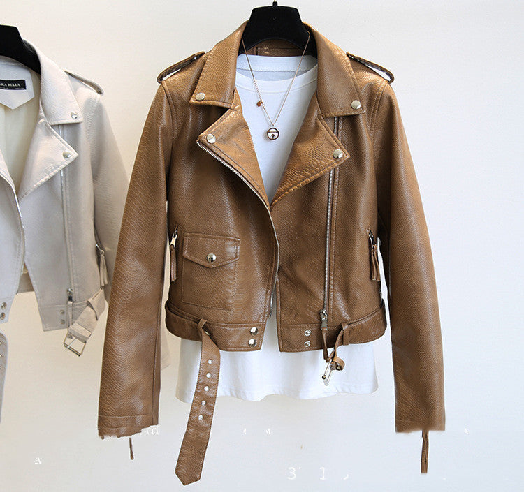 Slim Slimming Snake Print Biker Jacket Brown Jacket