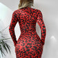 V-neck Skinny Print Long Sleeve Irregular Swing Dress