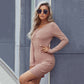V-neck Gathers Sheath Knitted Long-sleeved Dress A- Line Skirt
