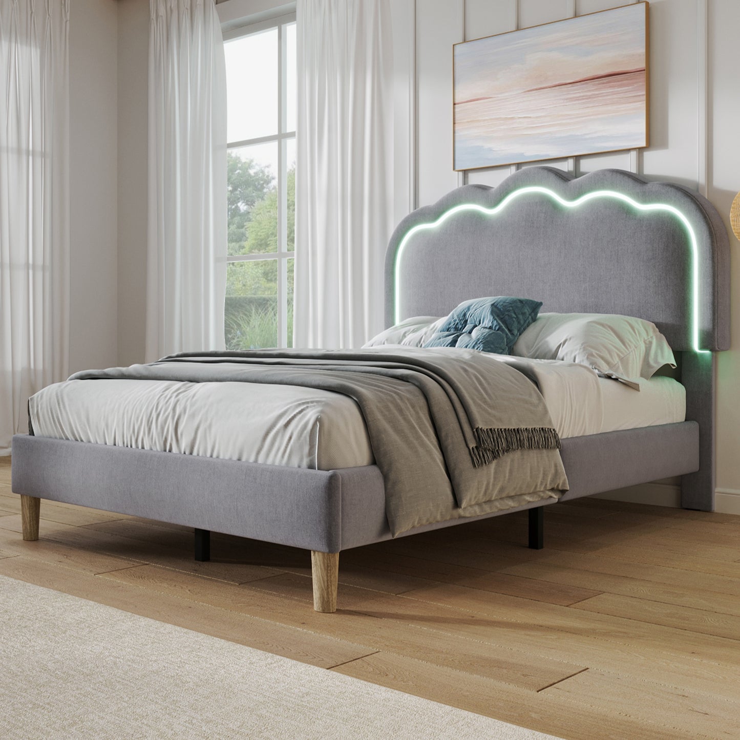 Upholstered Bed, 3ft 90x190cm Single Bed With LED, Bed Frame With Wooden Slats And Adjustable Height Headboard, Teen Bed For Bedroom And Guest Room, Grey, Linen Material, Without Mattress.