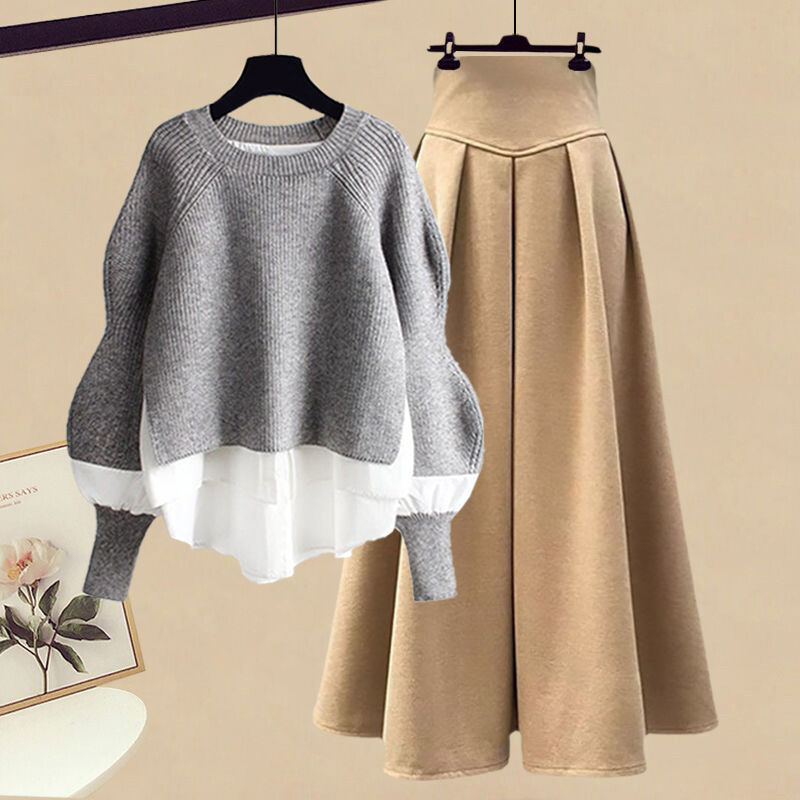Women's Casual Fashion Fake Two-piece Top Slim Fit Skirt Two-piece Set
