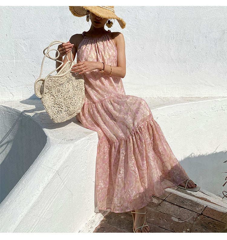 Robe en mousseline de soie imprimée texturée style vacances pour femme
