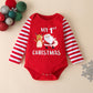 Christmas Print Striped Romper With Hat Three-piece Suit