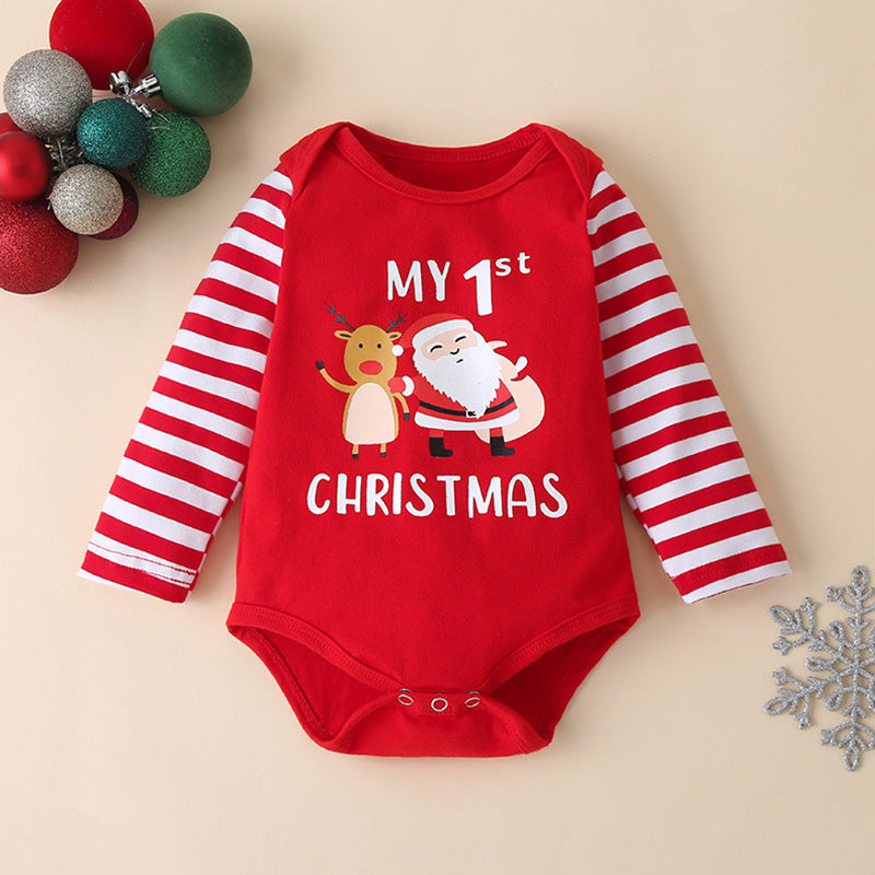 Christmas Print Striped Romper With Hat Three-piece Suit
