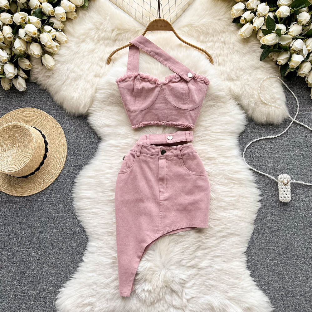 Tenue élégante rose pour fille sexy, vêtements d'extérieur, haut bandeau à bretelles, jupe irrégulière, costume deux pièces élégant