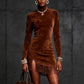 Womens Suede-Like High-Neck Long-Sleeve Tassel Dress