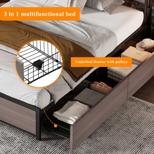 Metal Bed, 3FT Single Bed 90x190cm, With LED Light Strip And 4 Drawerss, 2 USB Port 1 Type C, Durable And Sturdy, Youth Bed, For Adults  Teenagers, Multifunctional Bed, Wrought Iron Bed, Grey