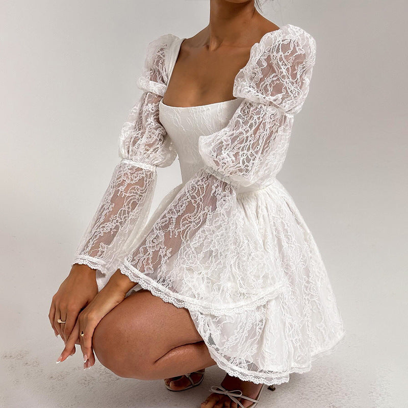 Autumn New Square-neck Long Sleeve Waist Lace Dress