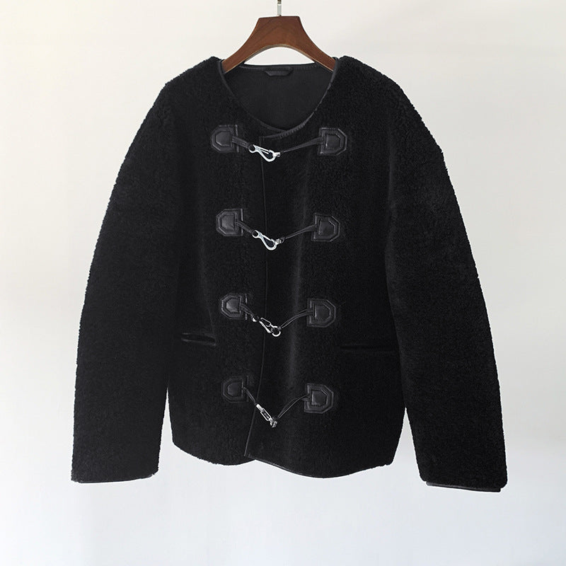 Autumn And Winter New Metal Leather Ring Fur Stitching Casual Fashionable Stylish Coat