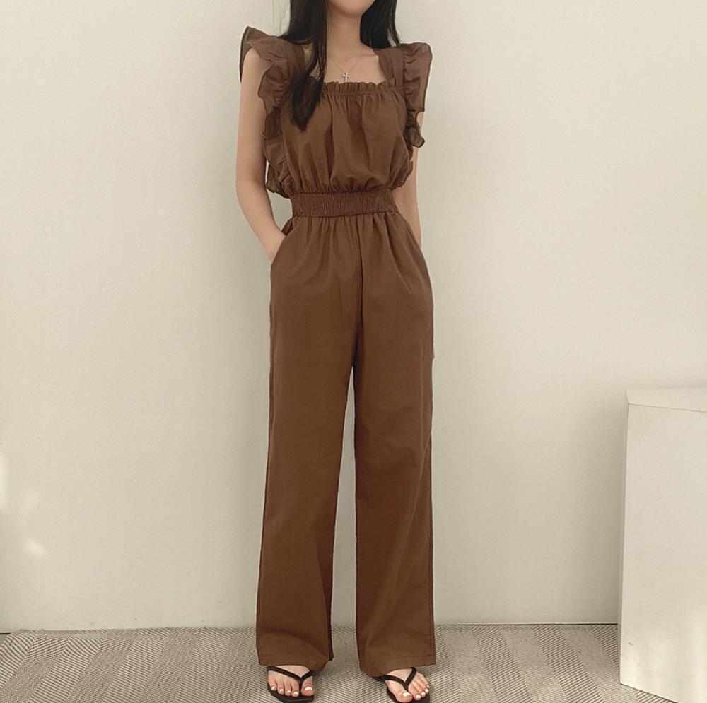 Combinaison rétro française à col carré et manches volantées, taille haute, élastique et jambes larges pour femme