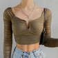 Women's Fashion Deep V Wrap Ruffled Patchwork Mesh Long Sleeve Top