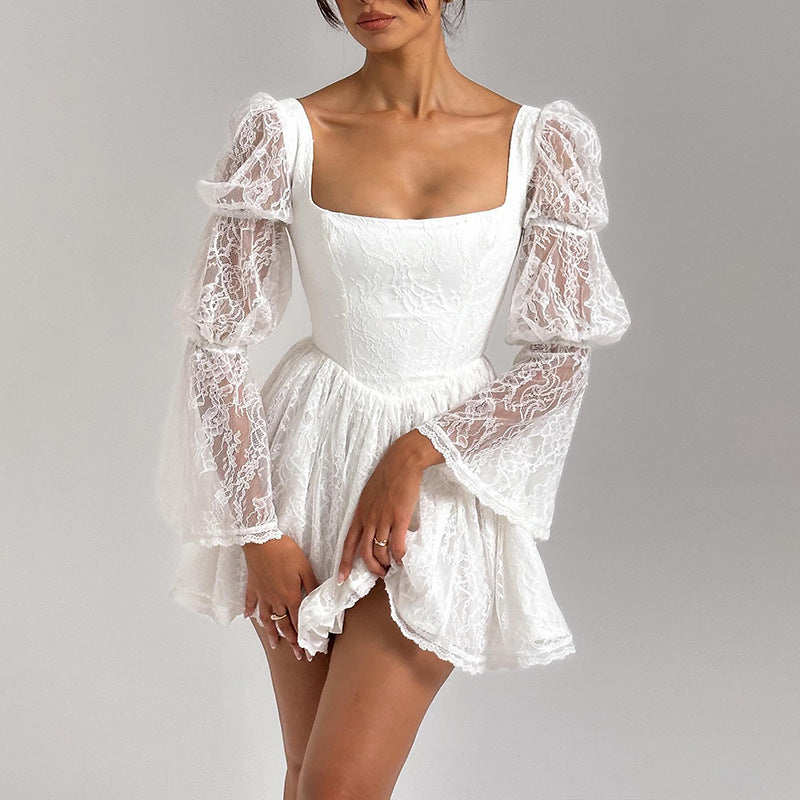 Autumn New Square-neck Long Sleeve Waist Lace Dress