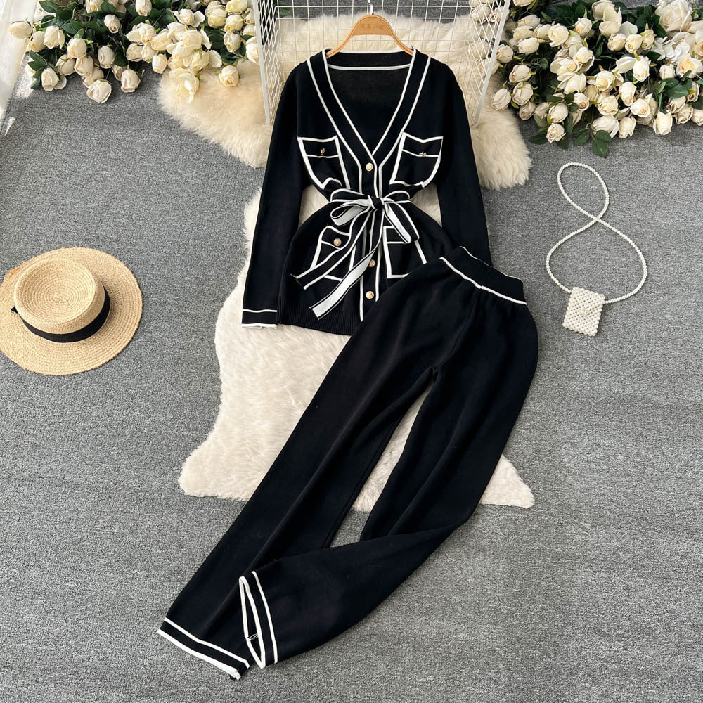 Ensemble deux pièces pour femme, couleur contrastée, manches longues, col en V, lacets, tricot, drapé, pantalon large