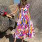 High Waist V-neck Printed Elastic Waist Dress For Women