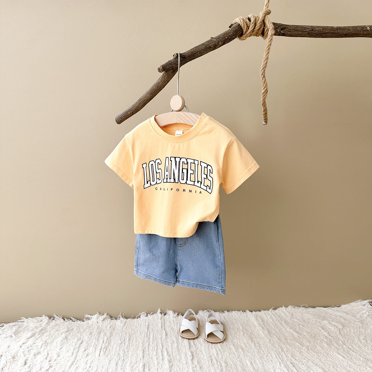 Summer Baby Letter Print Short-sleeve Top Denim Shorts Suit