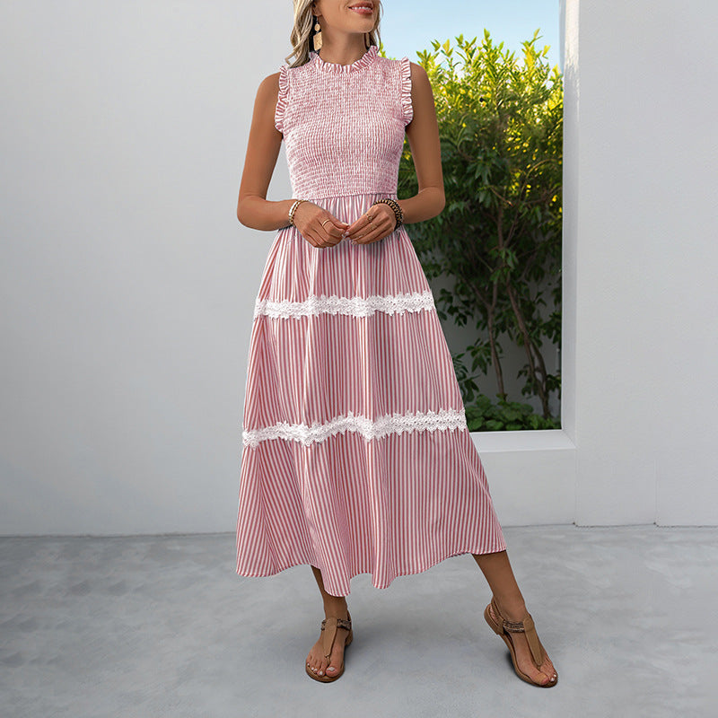 Casual Womens Lace Ruffle-neckline Sleeveless Striped Dress