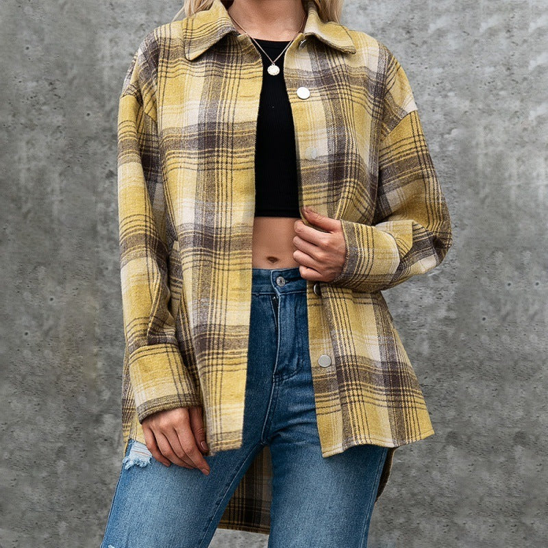 Single Breasted Plush Check Shirt Jacket Top Ladies