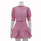 Puff Sleeve Short Top Patchwork A- Line Skirt Two-piece Set