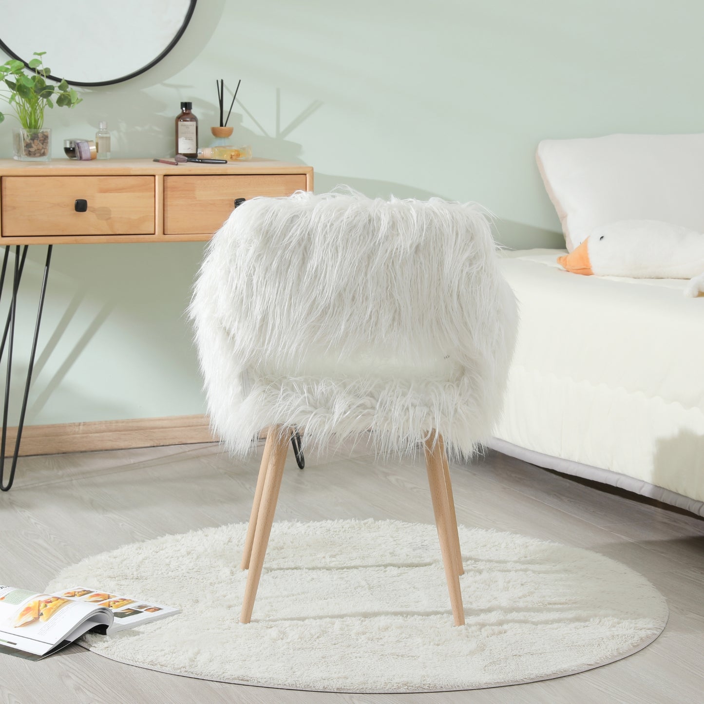 WHITE Faux Fur Upholstered Make Up Chair Side Dining Chair With Metal Leg WHITE Beech Metal Leg