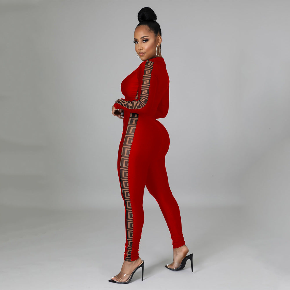 Mesh Print Stitching Long-Sleeved Jumpsuit