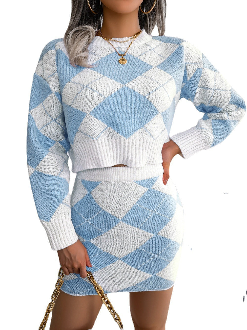 Hit Color Diamond Lattice Midriff-baring Sweater Hip Skirt Casual Suit