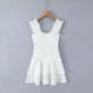 White Puff-Shoulder Ruffle-trimmed Sweet Vest Dress With Drawstring Waist And Pleats