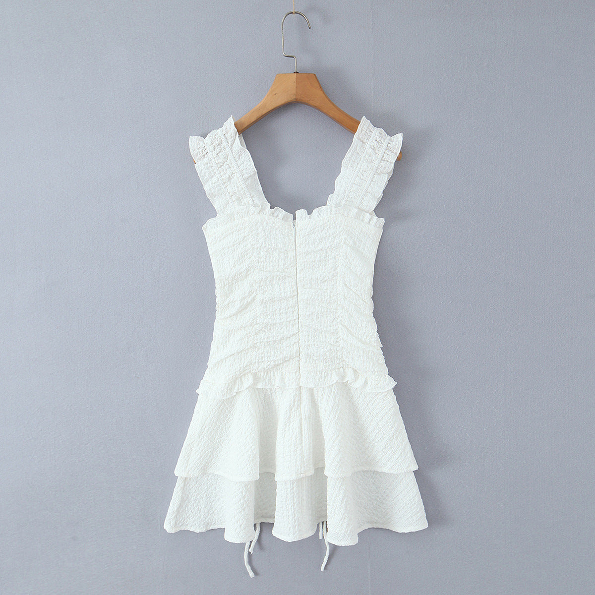 White Puff-Shoulder Ruffle-trimmed Sweet Vest Dress With Drawstring Waist And Pleats