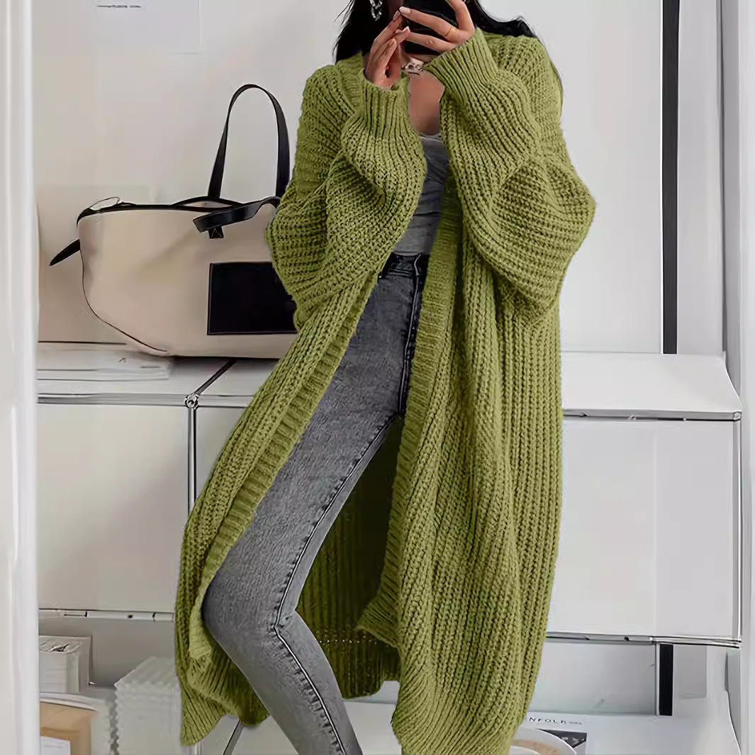 Cardigan long tricoté avec poches, manteau à manches lanternes tendance et polyvalent