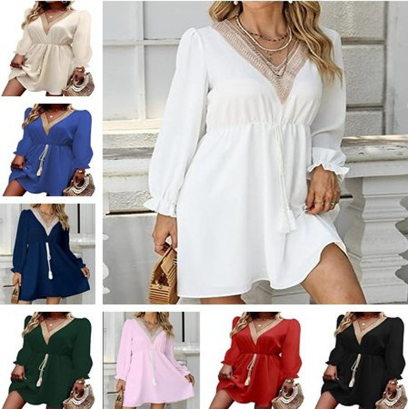 Solid Color Long Sleeve Lace V-neck Tight Waist Dress