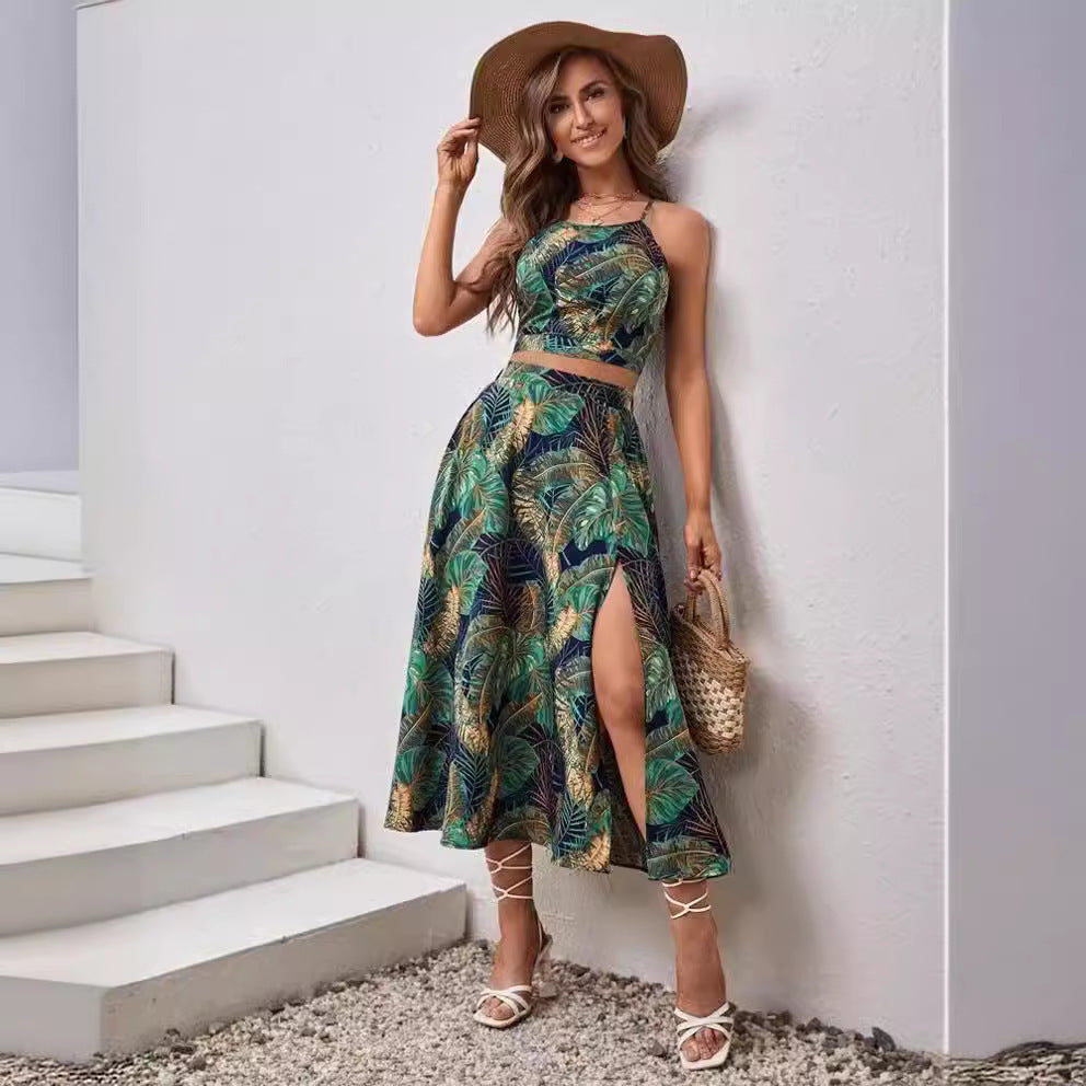 European And American Two-piece Sling Printing Dress