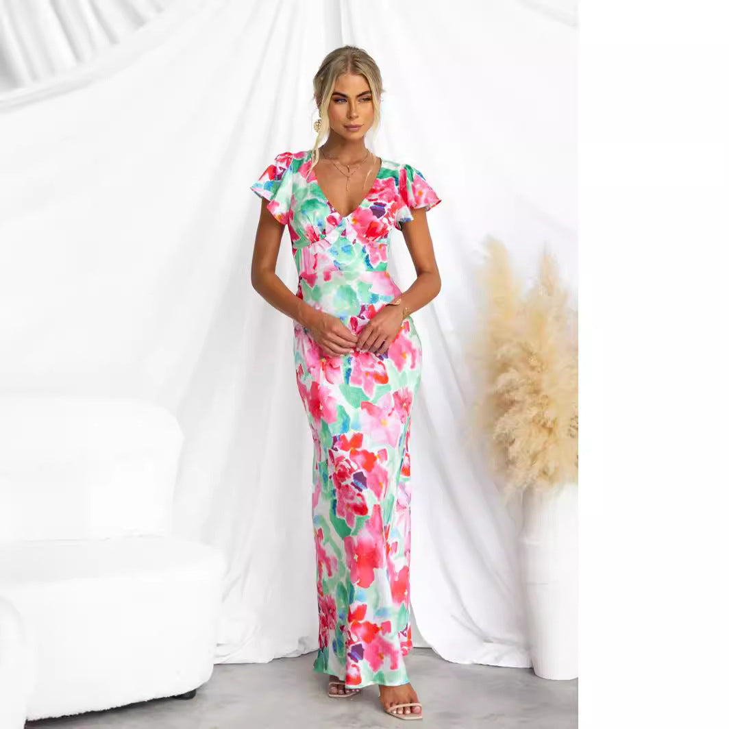 Robe mi-longue à volants et col en V fleuri