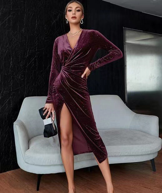 Women's V-neck Asymmetric Skirt Dress Gold Velvet Evening Dress
