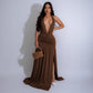 Robe élégante européenne et américaine à col en V et fente sexy, robe plissée dos nu